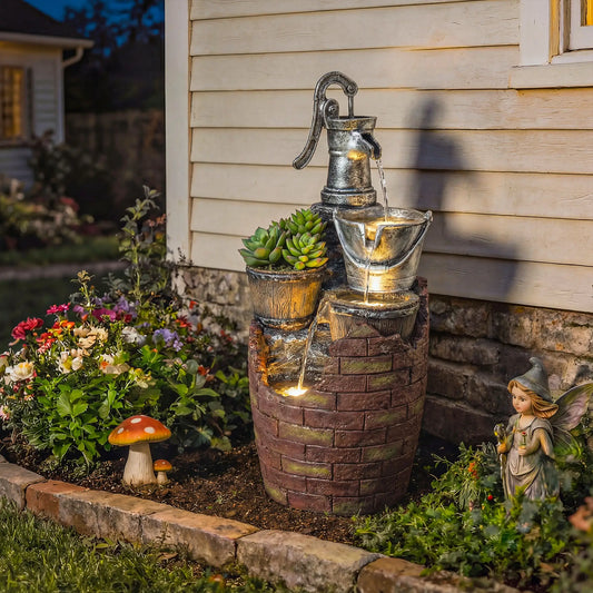 4-Tier Outdoor Fountain With Planter, Cascading Waterfall, LED Lights, Rustic Brown And Grey Water Fountains Rustic Brown, Grey at Gallery Canada
