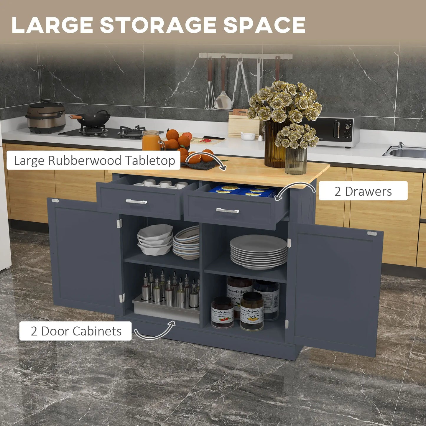 Kitchen Island with Drop Leaf, 2 Drawers, Adjustable Shelves, Dark Grey Kitchen Islands & Kitchen Carts at Gallery Canada
