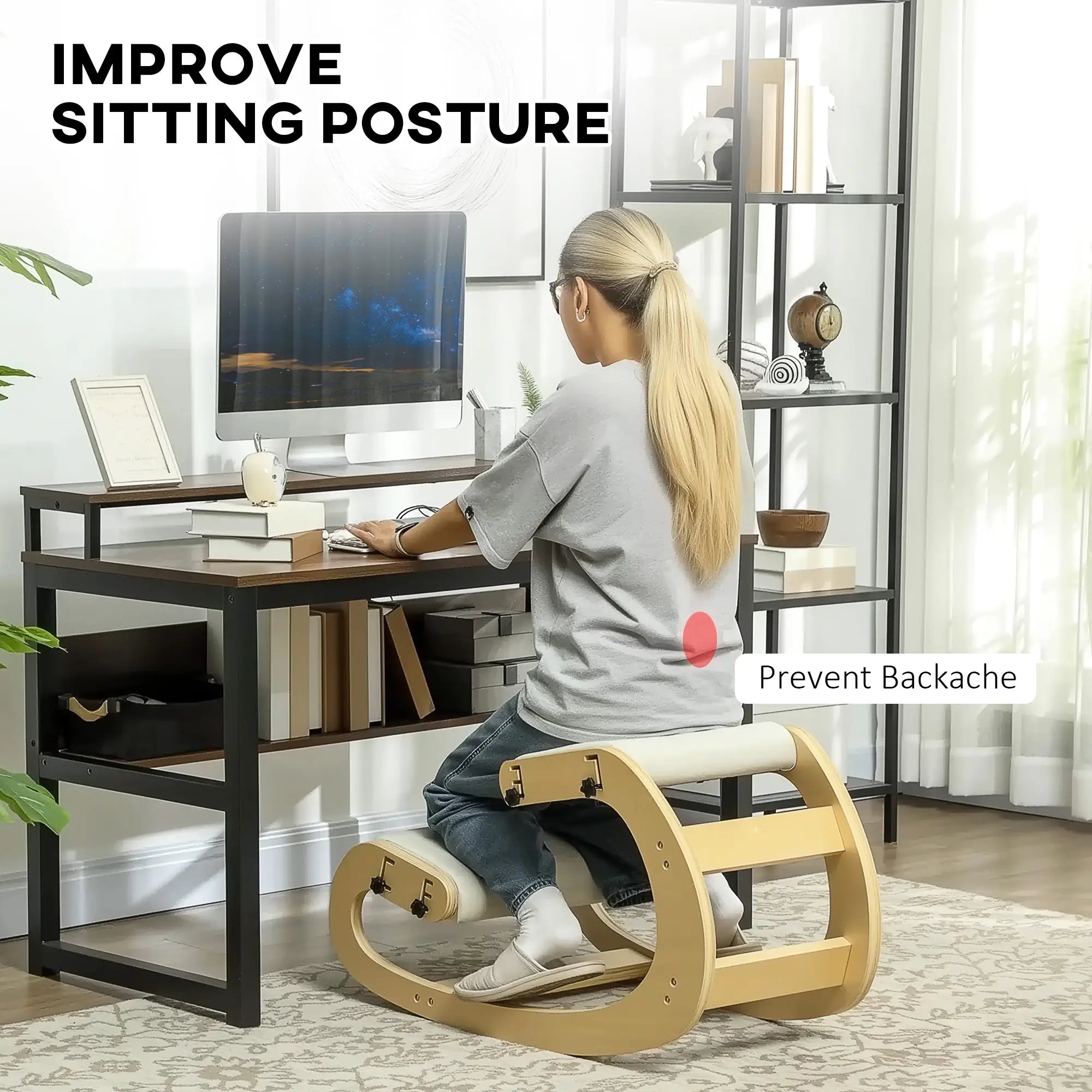 Ergonomic Kneeling Chair, Adjustable Rocking Wood Stool, Cream White Office Chairs at Gallery Canada