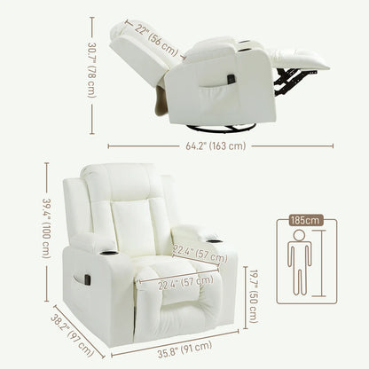Swivel Massage Recliner Chair, Manual Rocker, PU Leather, Cream White Single Sofas at Gallery Canada