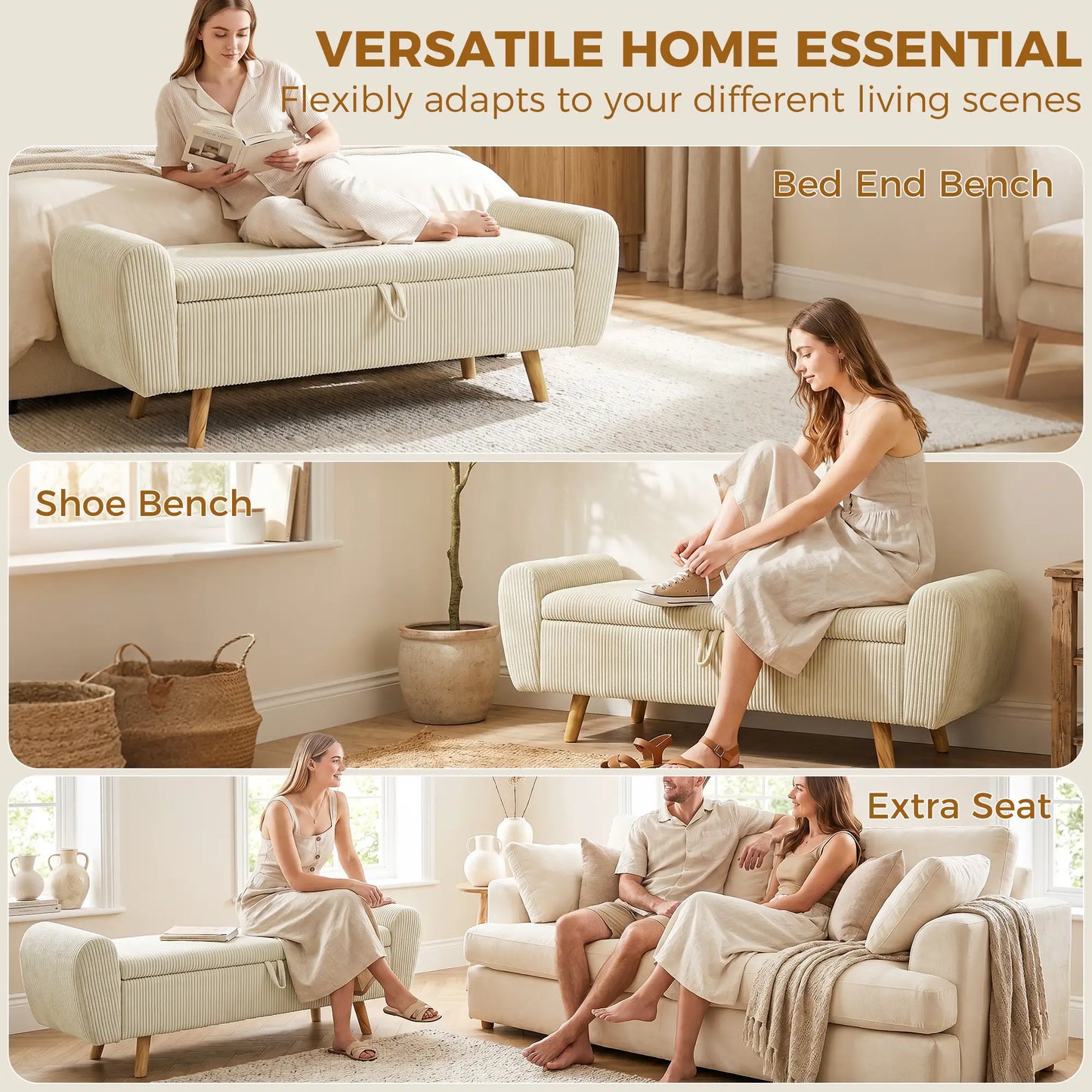 Corduroy Storage Ottoman Bench, 59", Beige Storage Ottomans & Benches at Gallery Canada