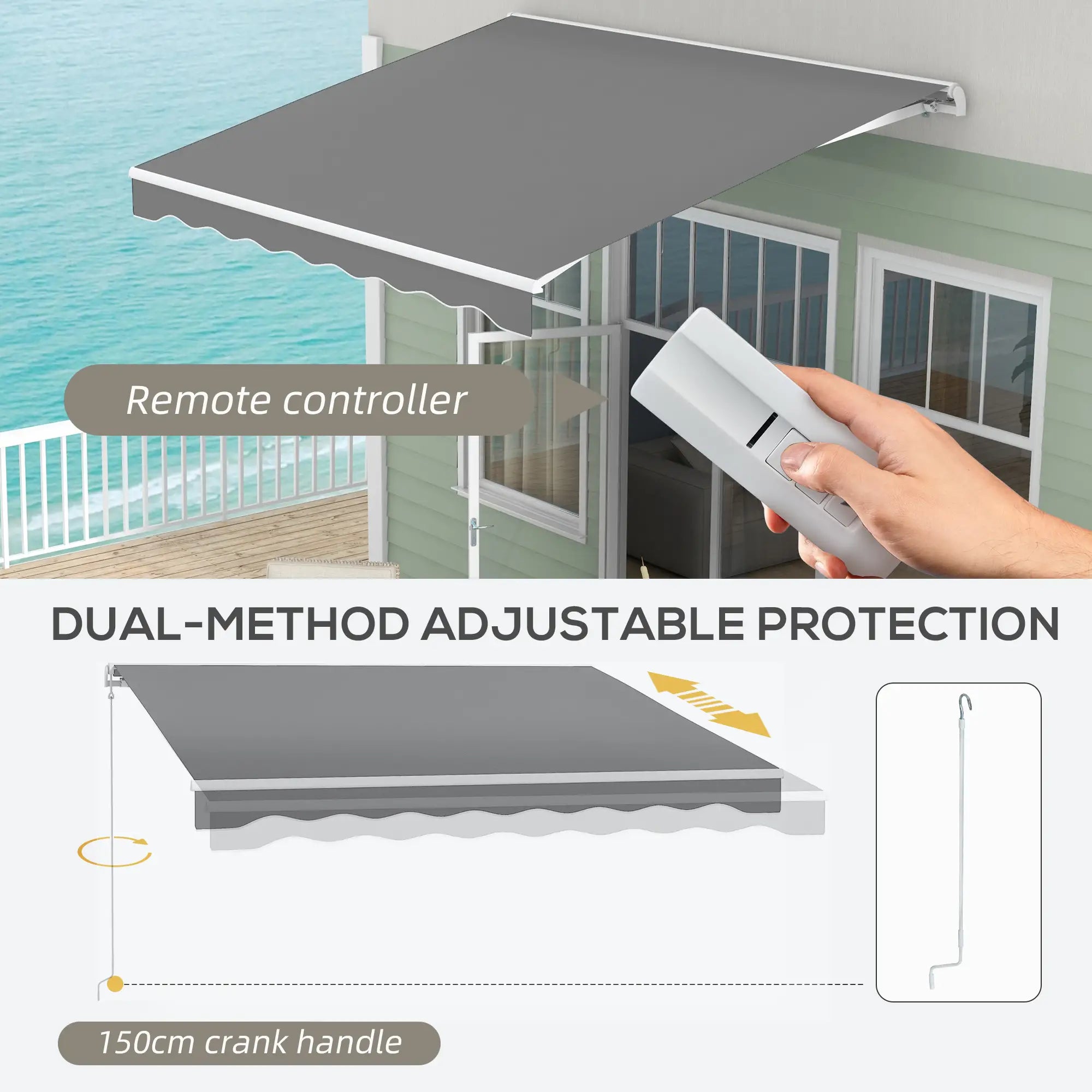 10'x8' Retractable Awning, Remote, Crank Handle, Aluminum Frame, Light Grey Deck Awnings at Gallery Canada