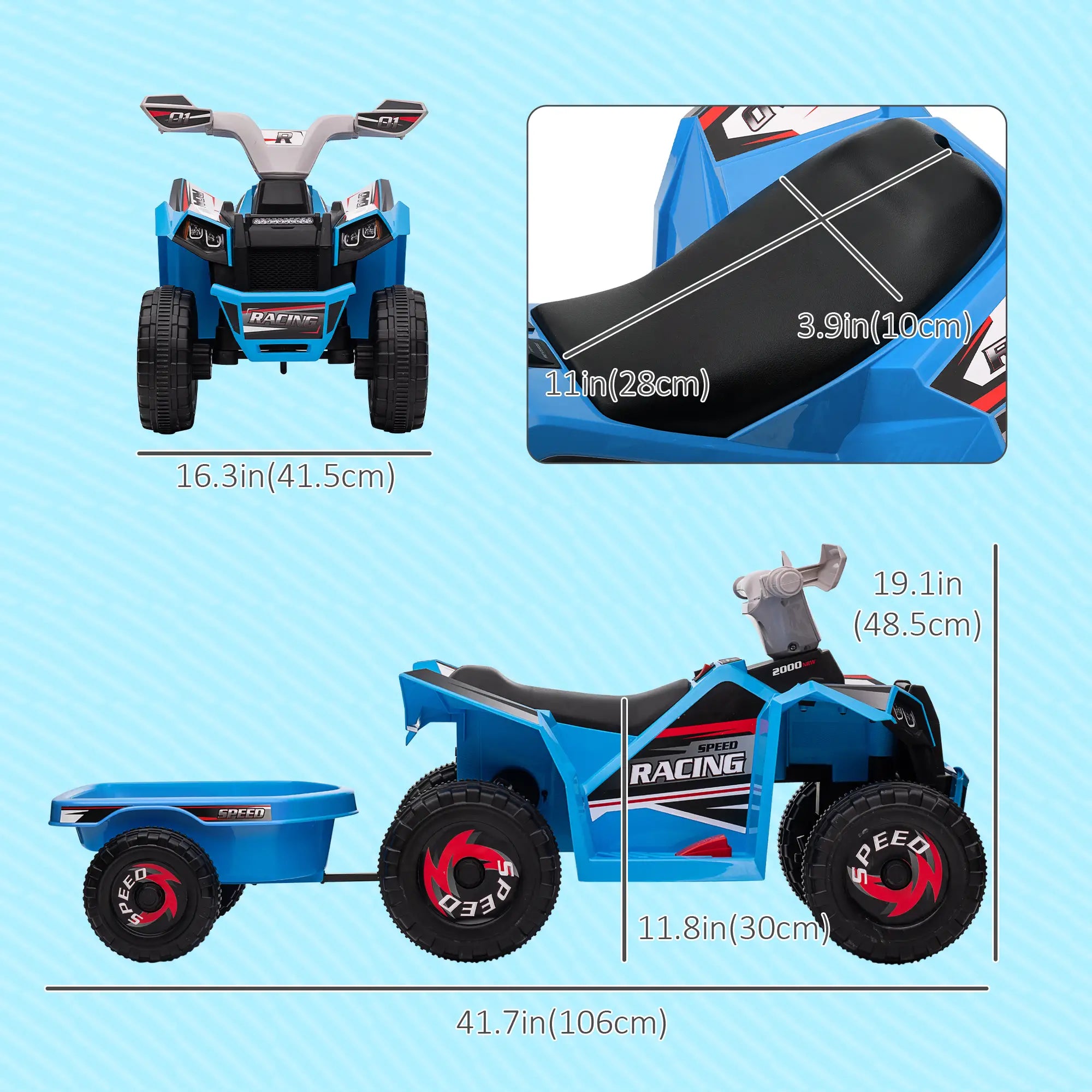 6V Kids ATV Quad, Battery Powered Electric Vehicle with Back Trailer, Wear-Resistant Wheels, Blue Electric Toy Cars at Gallery Canada