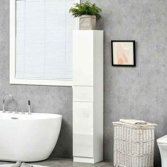 Tall Narrow Bathroom Cabinet with Doors, Drawer, Adjustable Shelves, High Gloss, White Bathroom Cabinets High Gloss White at Gallery Canada