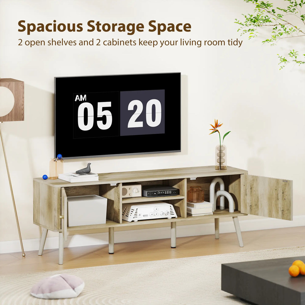 TV Stand for 65 Inch TV, Adjustable Shelves, Pine Wood Legs, Oak TV Stands at Gallery Canada