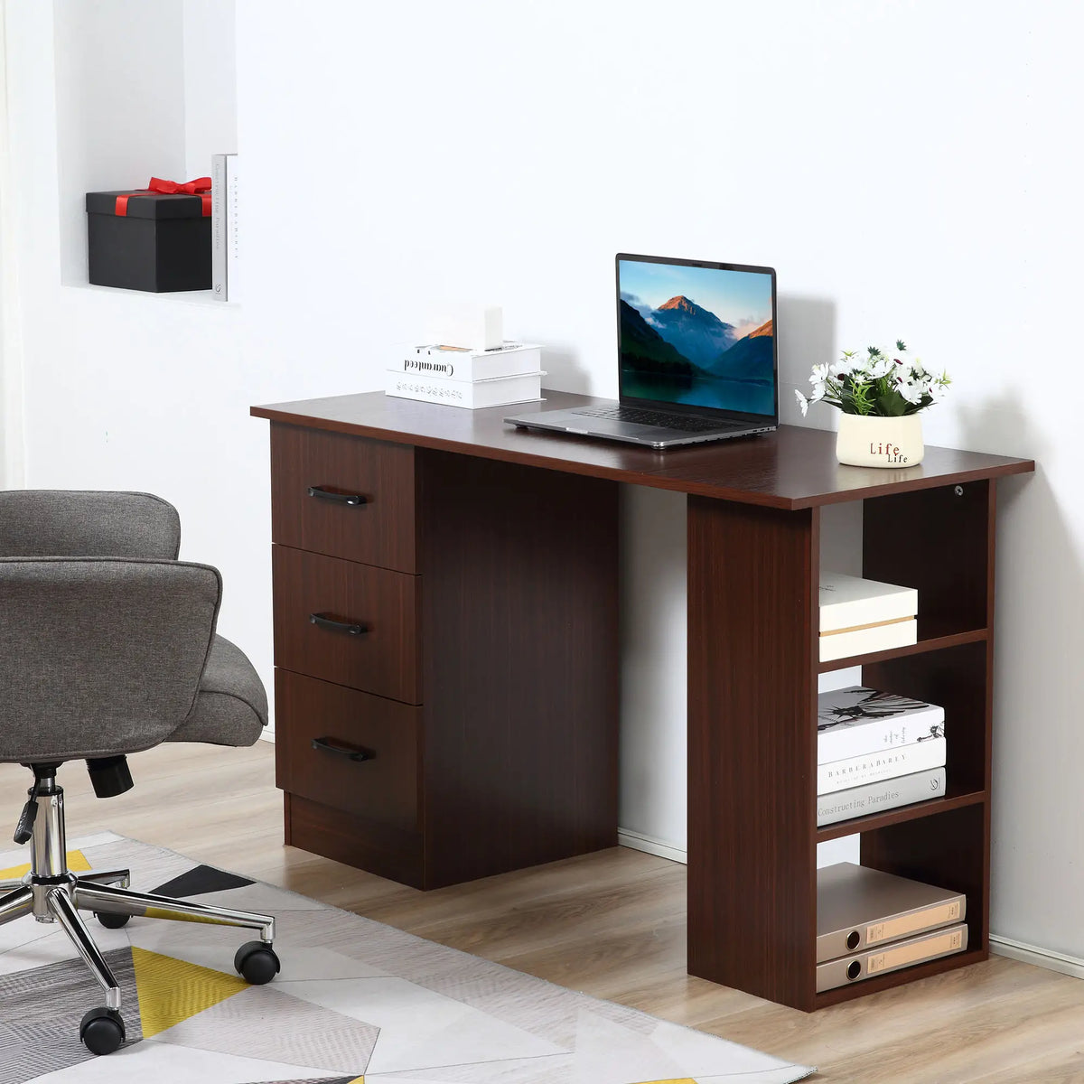 47 Inches Office Desk, 3-Tier Storage Shelves, Drawers, Walnut Writing Desks at Gallery Canada