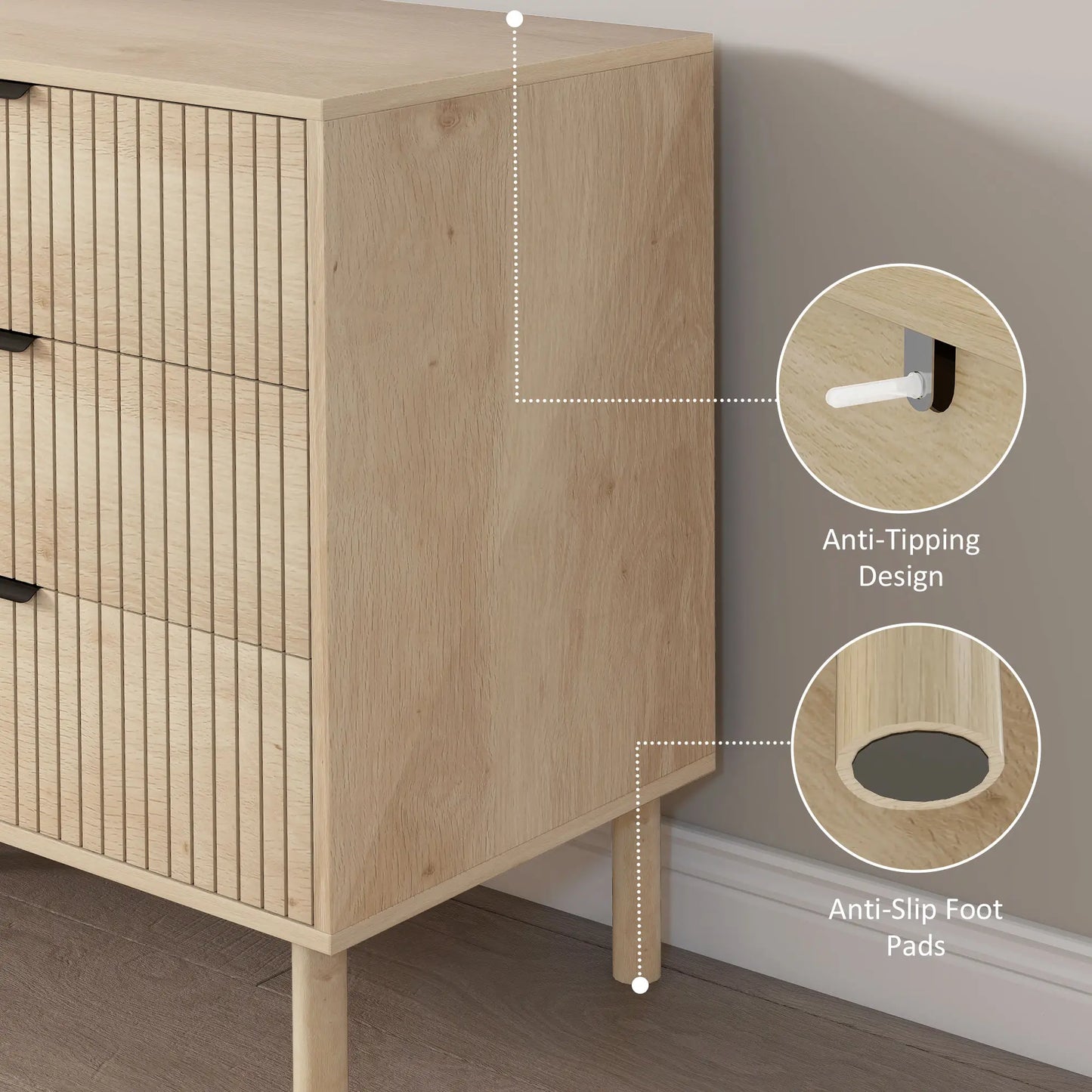 4 Drawer Dresser, Fluted Panels, Solid Wood Legs, Oak Storage Cabinets at Gallery Canada