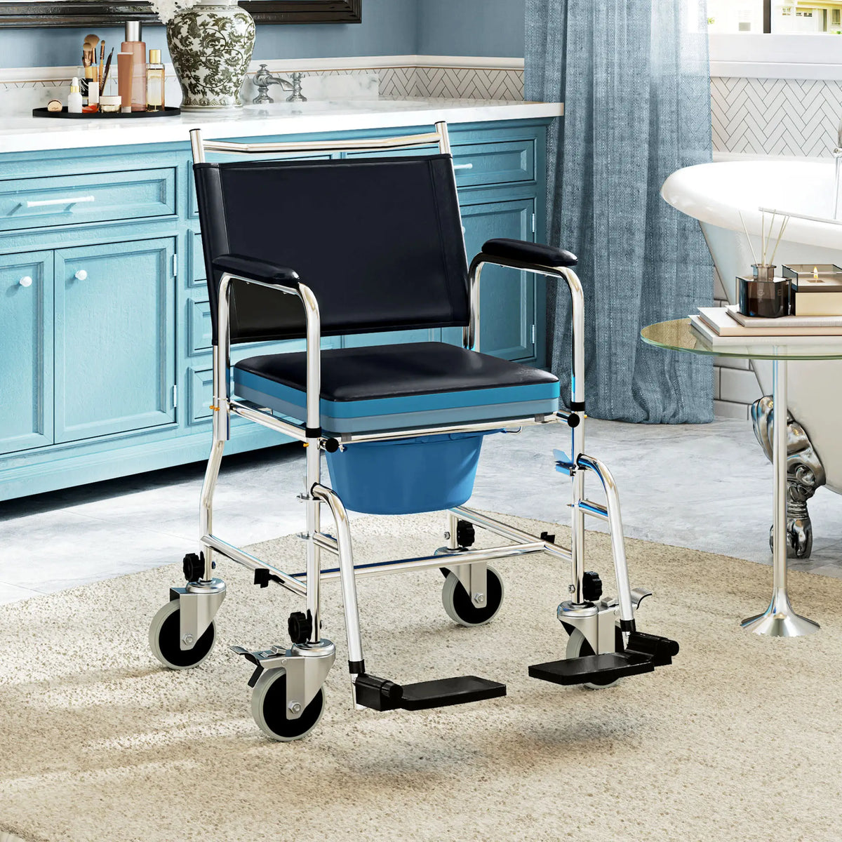 Rolling Shower Chair, Bedside Commode Wheelchair, Padded Seat, 300 lbs, Black Bath Chairs at Gallery Canada