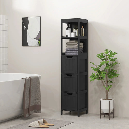 Narrow Bathroom Cabinet, 3 Drawers, 2 Tier Shelf, Tall Cupboard, Black