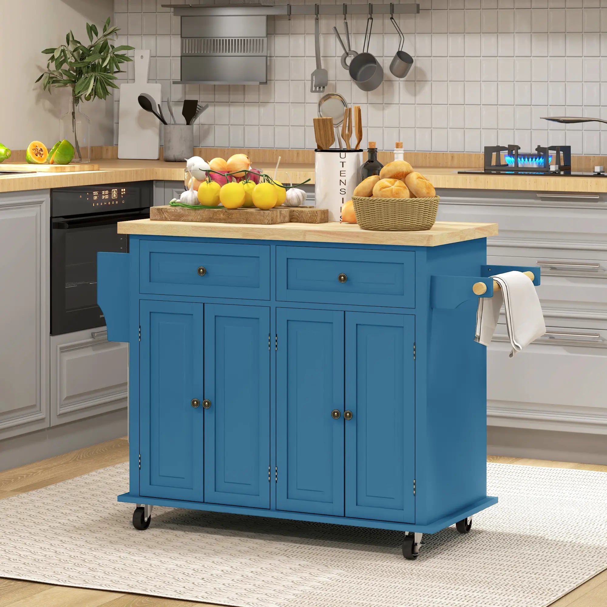 Kitchen Island with Storage, Rolling Cart, Rubber Wood Top, Blue Kitchen Islands & Kitchen Carts at Gallery Canada