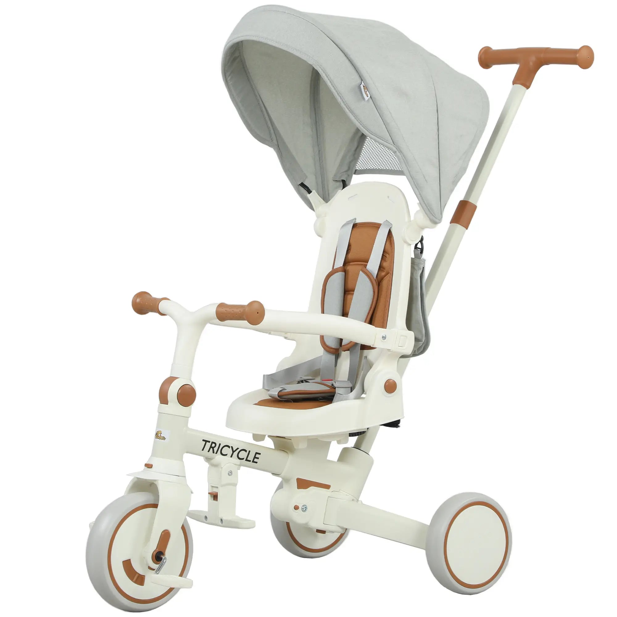 7 in 1 Toddler Tricycle, Safety Harness, Adjustable Parent Handle, Cream White Tricycles for Kids Cream at Gallery Canada