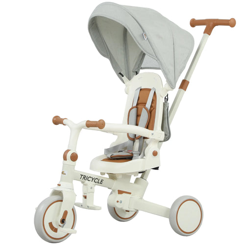 7 in 1 Toddler Tricycle, Safety Harness, Adjustable Parent Handle, Cream White