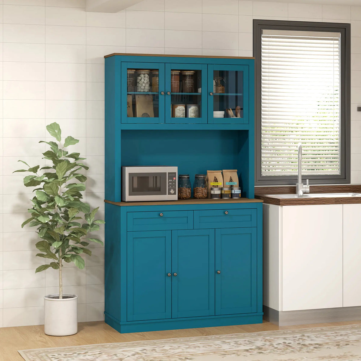 71" Pantry Cabinet with Microwave Space, Adjustable Shelves, Navy Blue Kitchen Pantry Cabinets at Gallery Canada