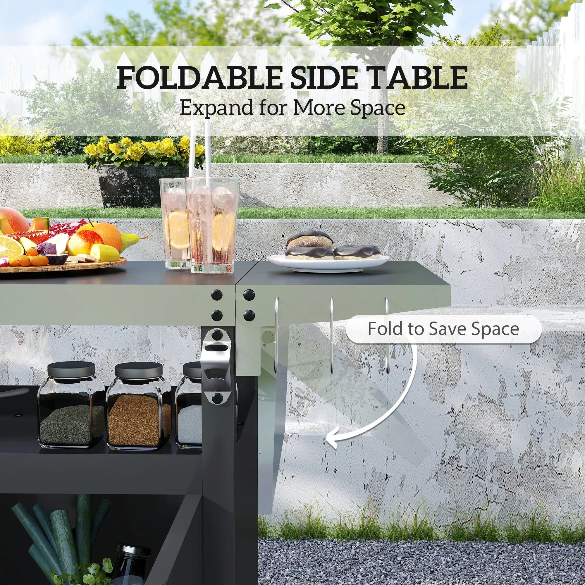 Outdoor Grill Cart Table With Foldable Side Table, 45.7