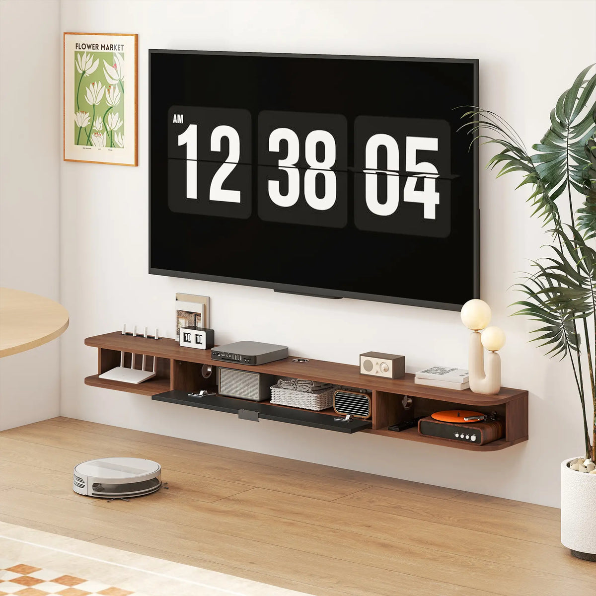 71" Floating TV Stand, Wall Mounted Media Console, Flip Drawer, 2 Open Shelves, Walnut TV Stands at Gallery Canada