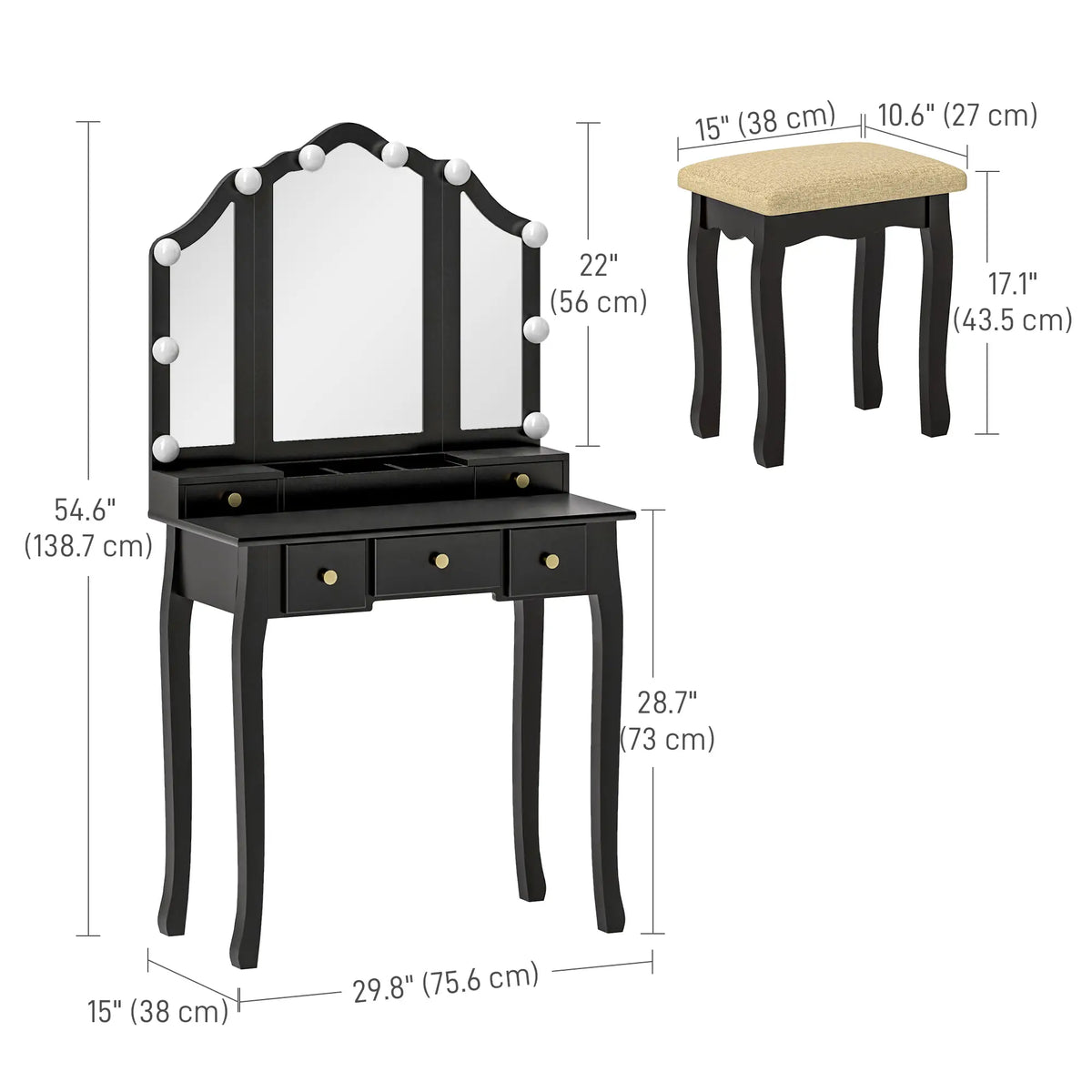 Makeup Vanity Desk with Mirror, Stool, 10 LED Lights, Black Dressing & Vanity Tables at Gallery Canada