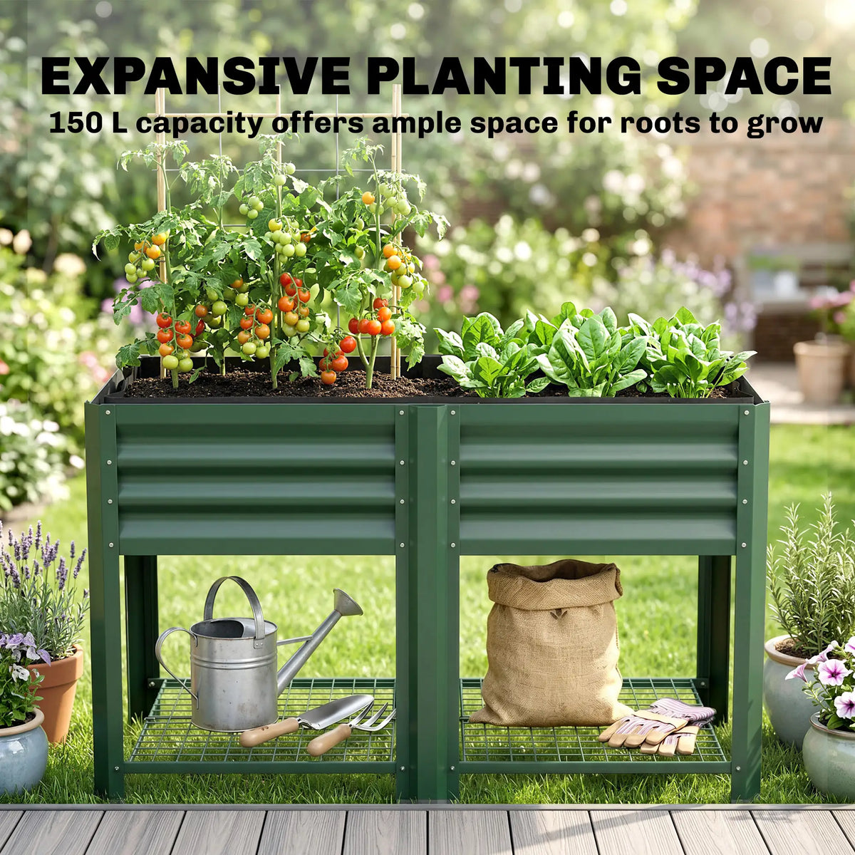 31.5" Green Raised Garden Bed, Storage Shelf, Elevated Planter, Green Elevated Garden Beds at Gallery Canada