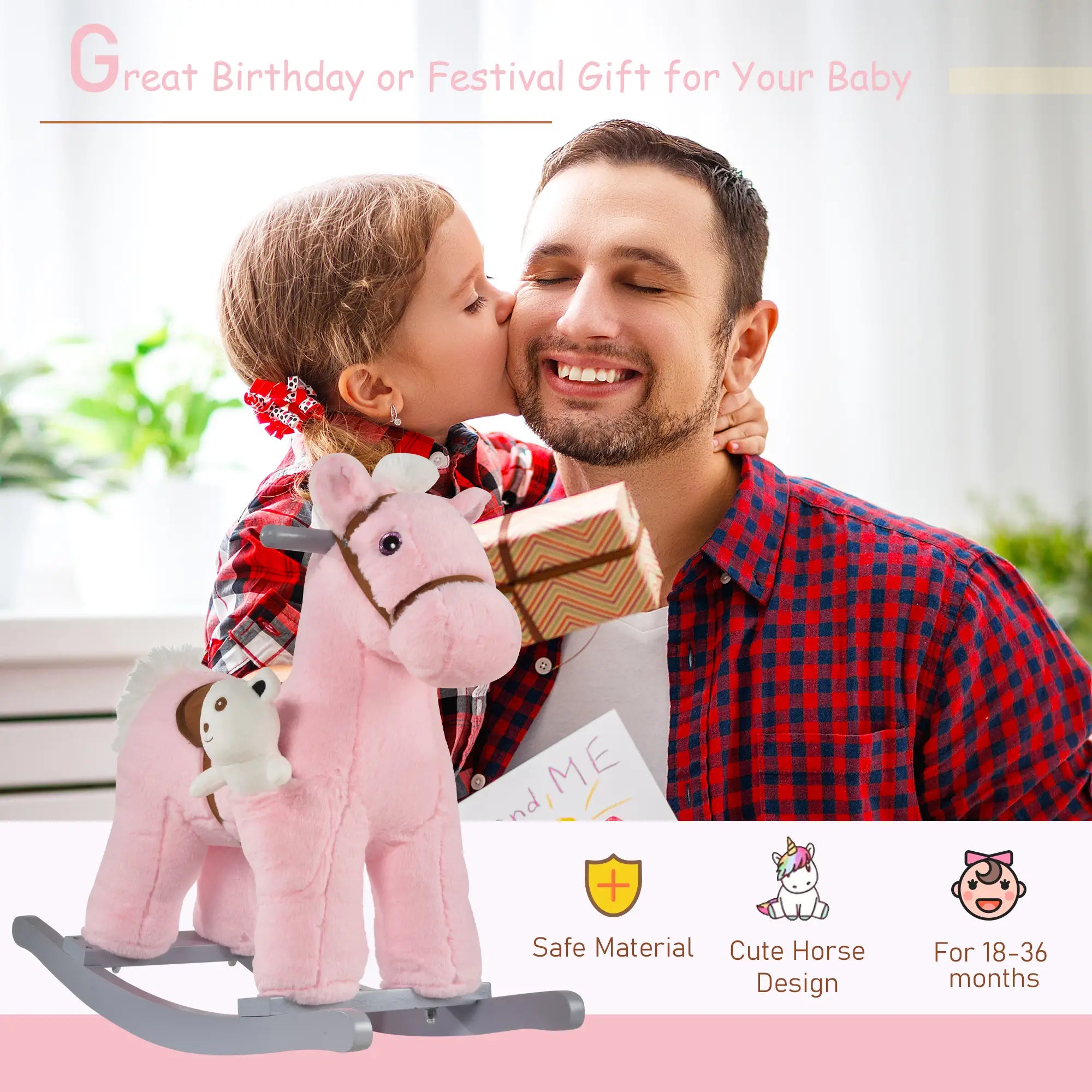 Kids Plush Ride-On Rocking Horse, Soft Bear Toy, Realistic Sounds, Pink Rocking Horses at Gallery Canada