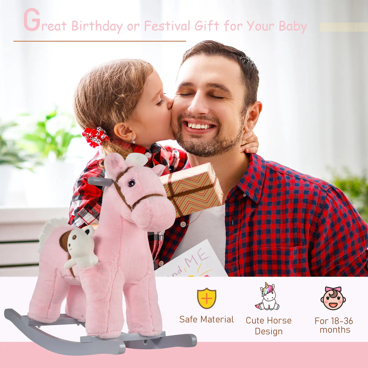 Kids Plush Ride-On Rocking Horse, Soft Bear Toy, Realistic Sounds, Pink Rocking Horses at Gallery Canada