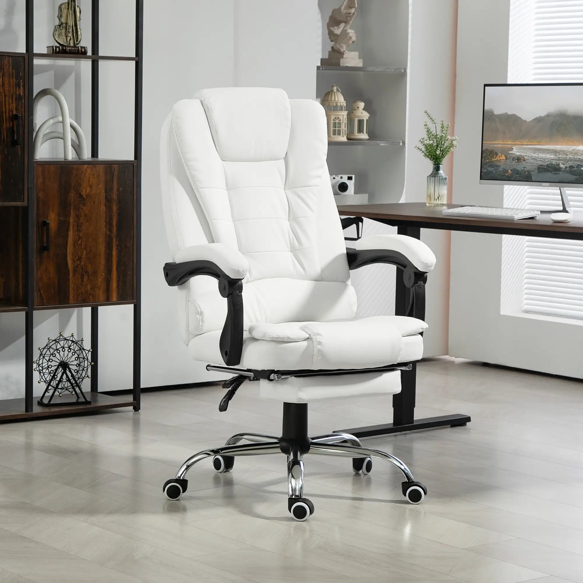 High Back Office Chair, PU Leather, Retractable Footrest, Padded Armrest, White Executive & Manager Chairs at Gallery Canada