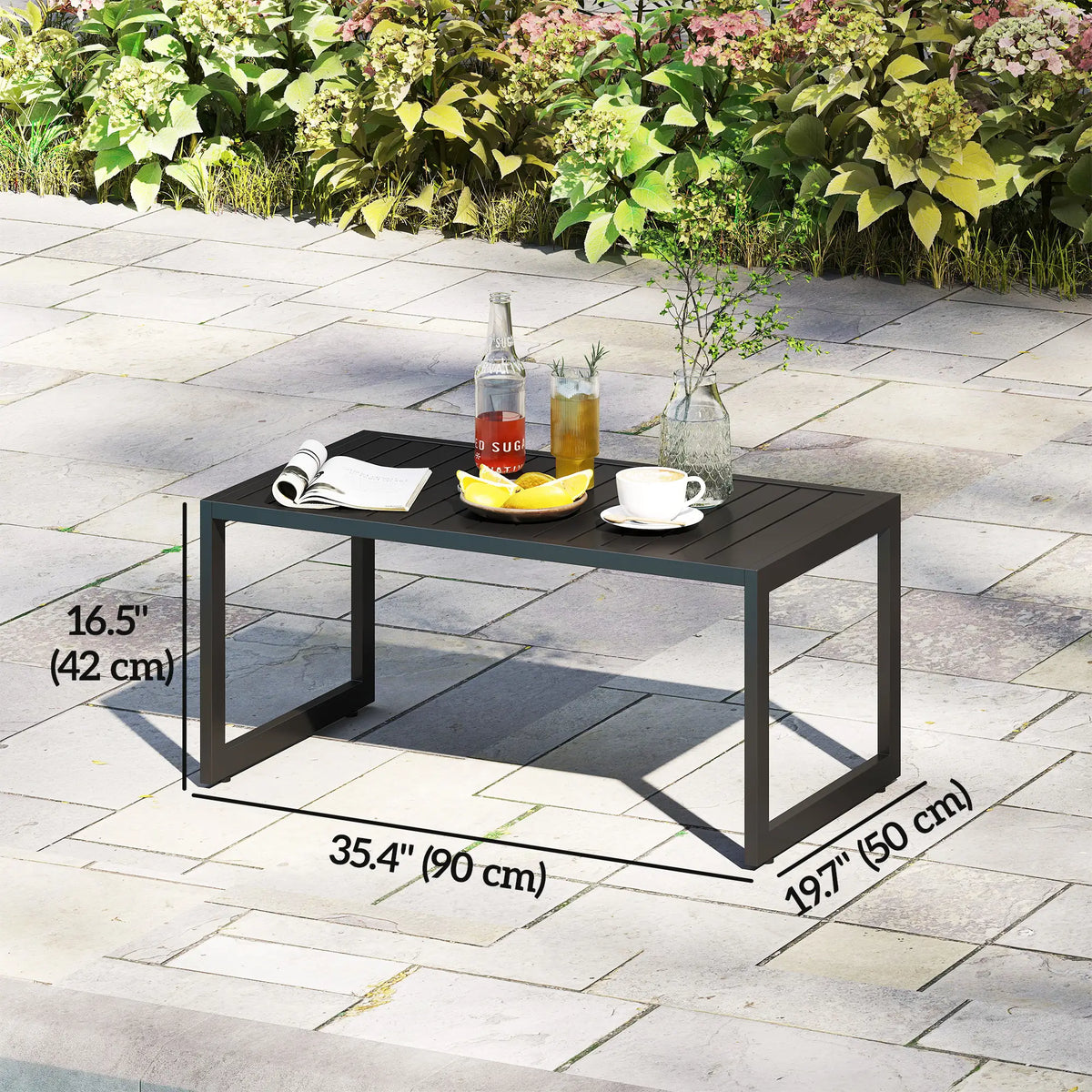 Outdoor Coffee Table, Slatted Tabletop, Adjustable Foot Pads, Black Patio Side Tables at Gallery Canada