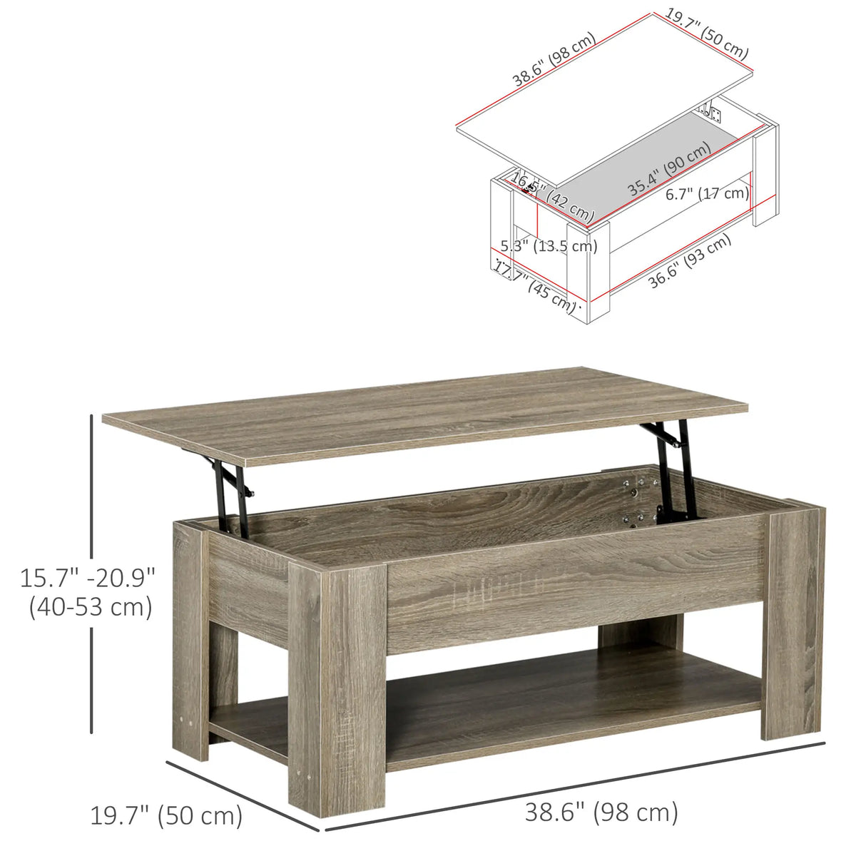 Lift Top Coffee Table, Hidden Storage, Open Shelf, Living Room, Grey Coffee Tables at Gallery Canada