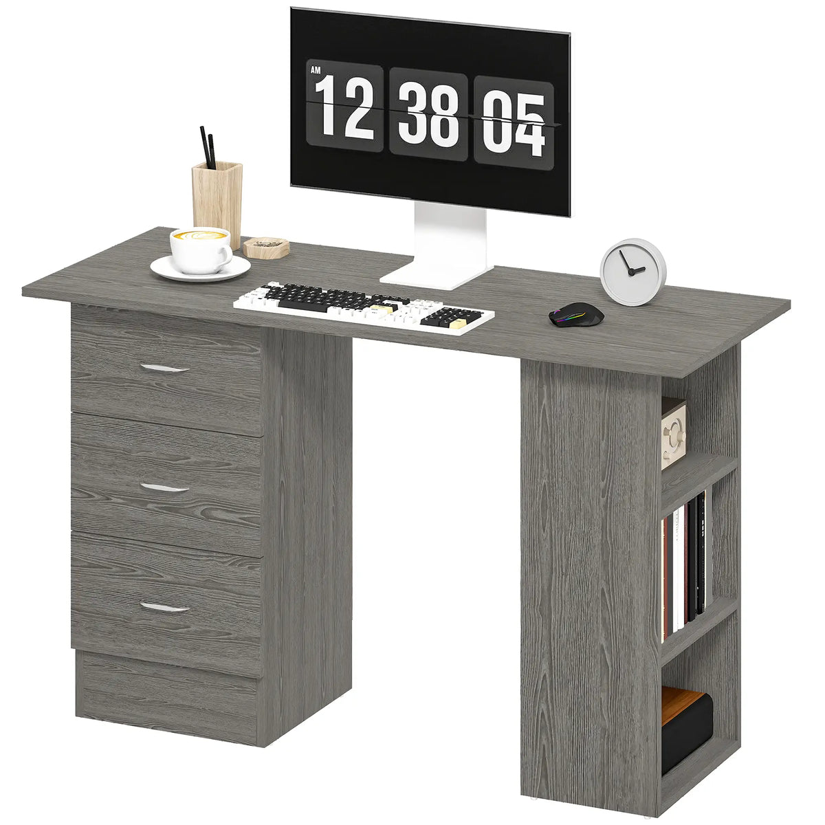 47 Inches Office Desk, 3-Tier Storage Shelves, Drawers, Grey Computer Desks Grey at Gallery Canada