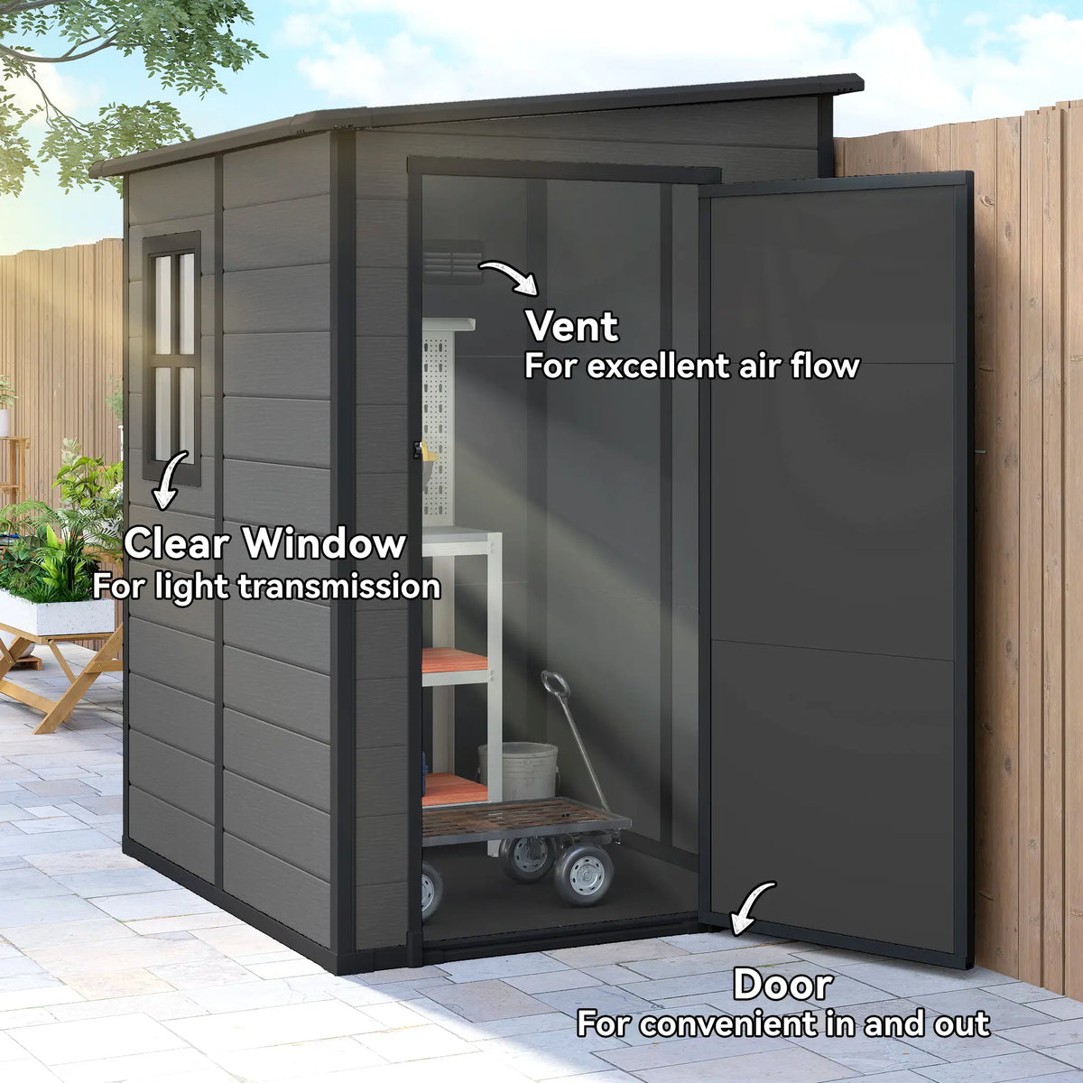 4'x5' Dark Grey Garden Storage Shed, Lockable Tool House, Dark Grey