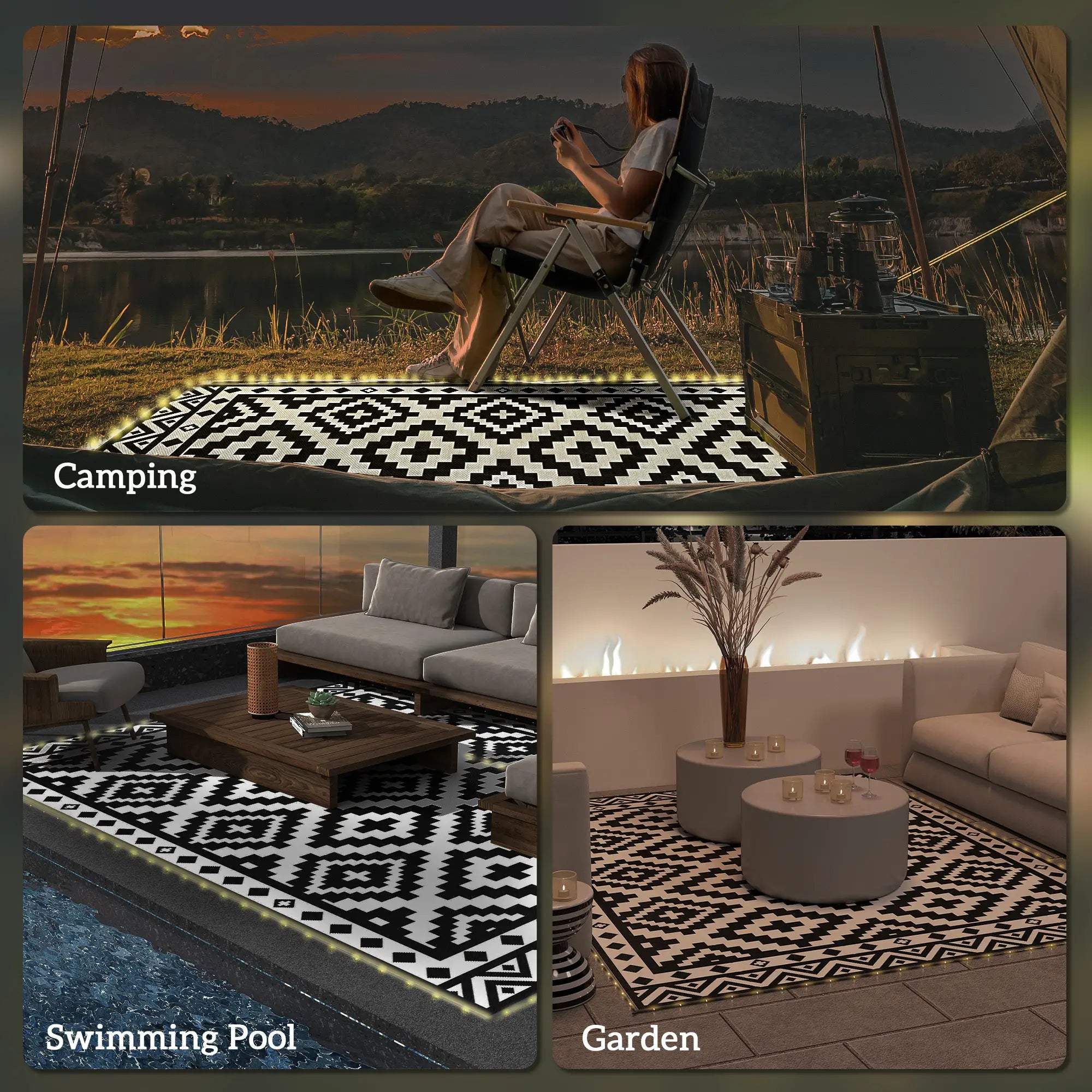 Reversible Plastic Straw Rug, LED Lights, 12' x 9' Outdoor Reversible Rugs at Gallery Canada