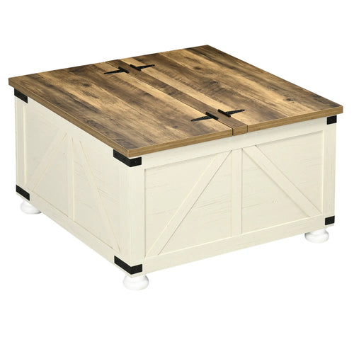 Farmhouse Coffee Table, Square Flip-Top, Hidden Storage, Antique White