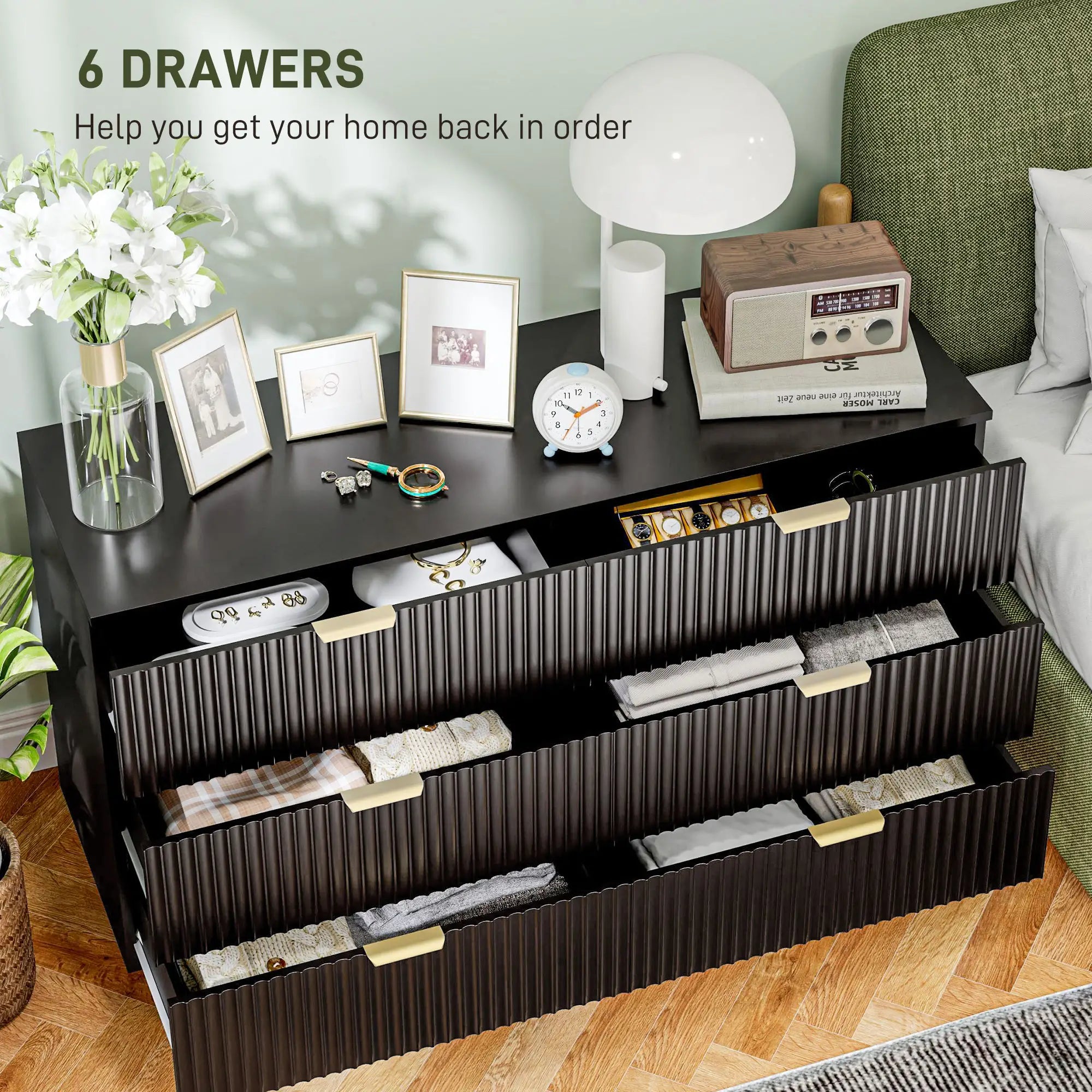 Modern 6 Drawer Dresser, with Gold Legs, Bedroom Chest, Black Storage Cabinets at Gallery Canada