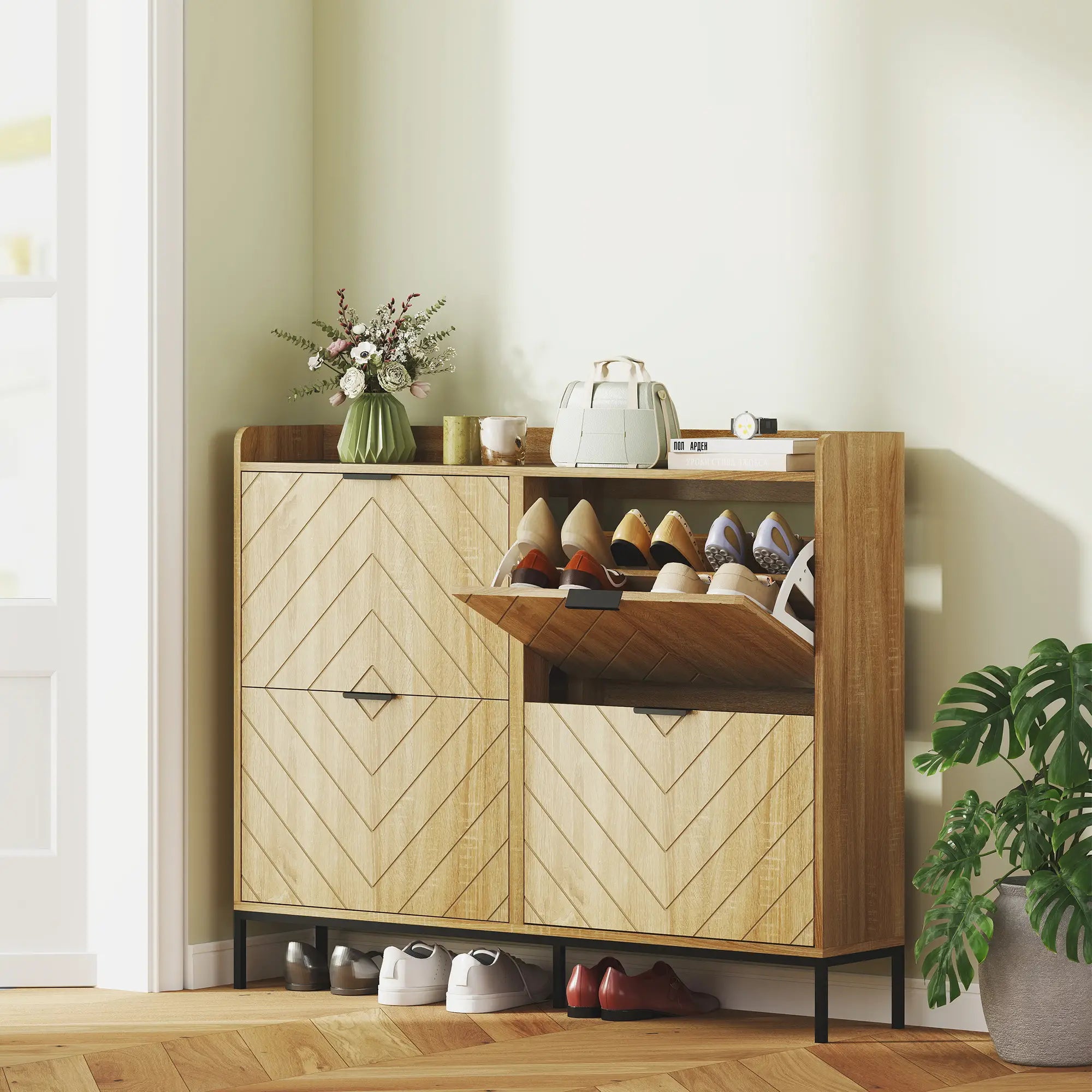 Narrow Shoe Storage Cabinet, 4 Flip Drawers, Holds 16 Pairs, Oak Shoe Storage Cabinets & Racks at Gallery Canada