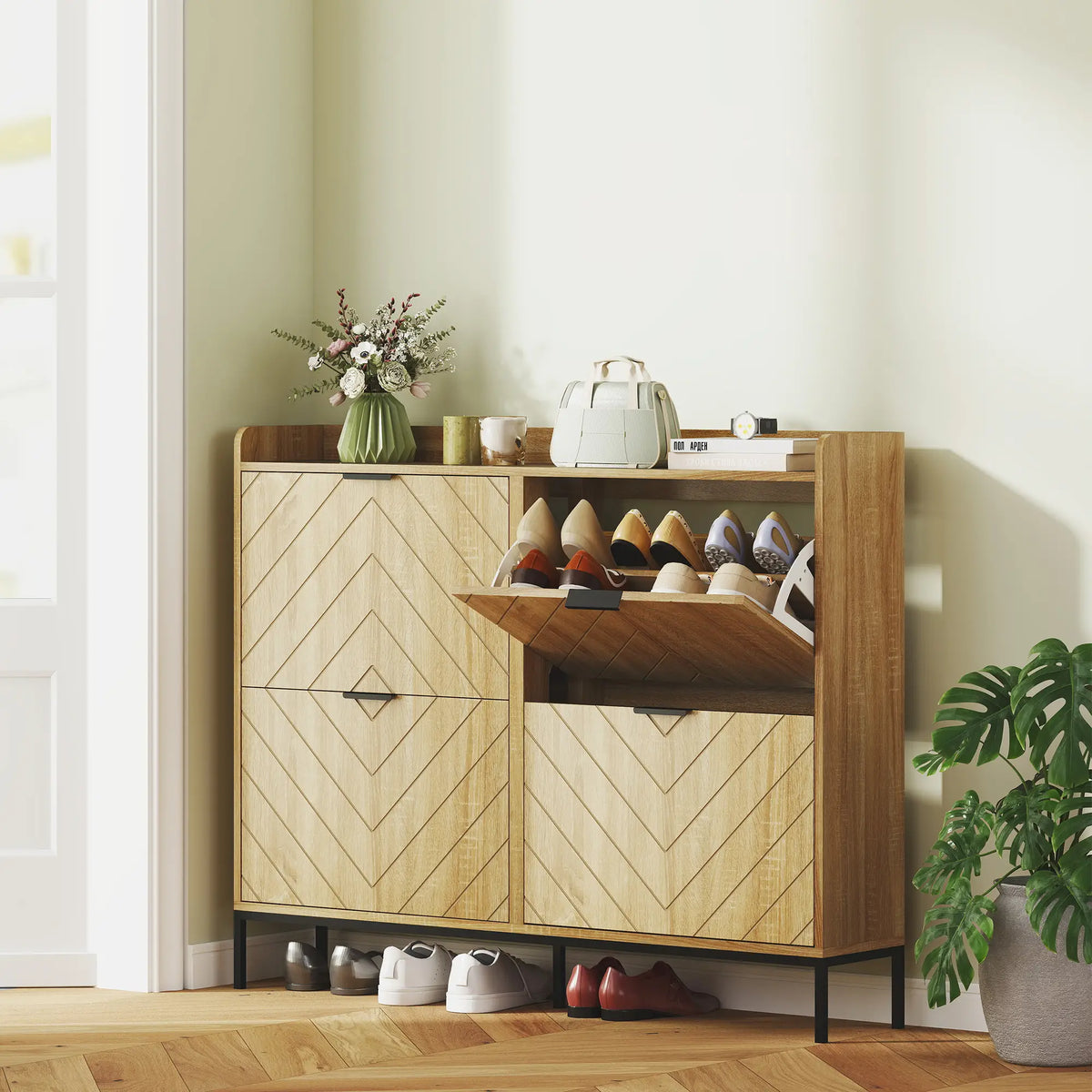 Narrow Shoe Storage Cabinet, 4 Flip Drawers, Holds 16 Pairs, Oak Shoe Storage Cabinets & Racks at Gallery Canada