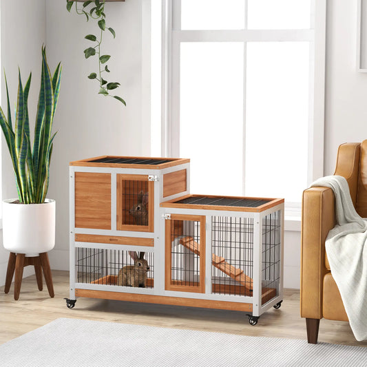 Wooden Rabbit Hutch, Indoor Bunny Cage with Wheels, Pull Out Trays, Yellow Rabbit Hutch Yellow and White at Gallery Canada