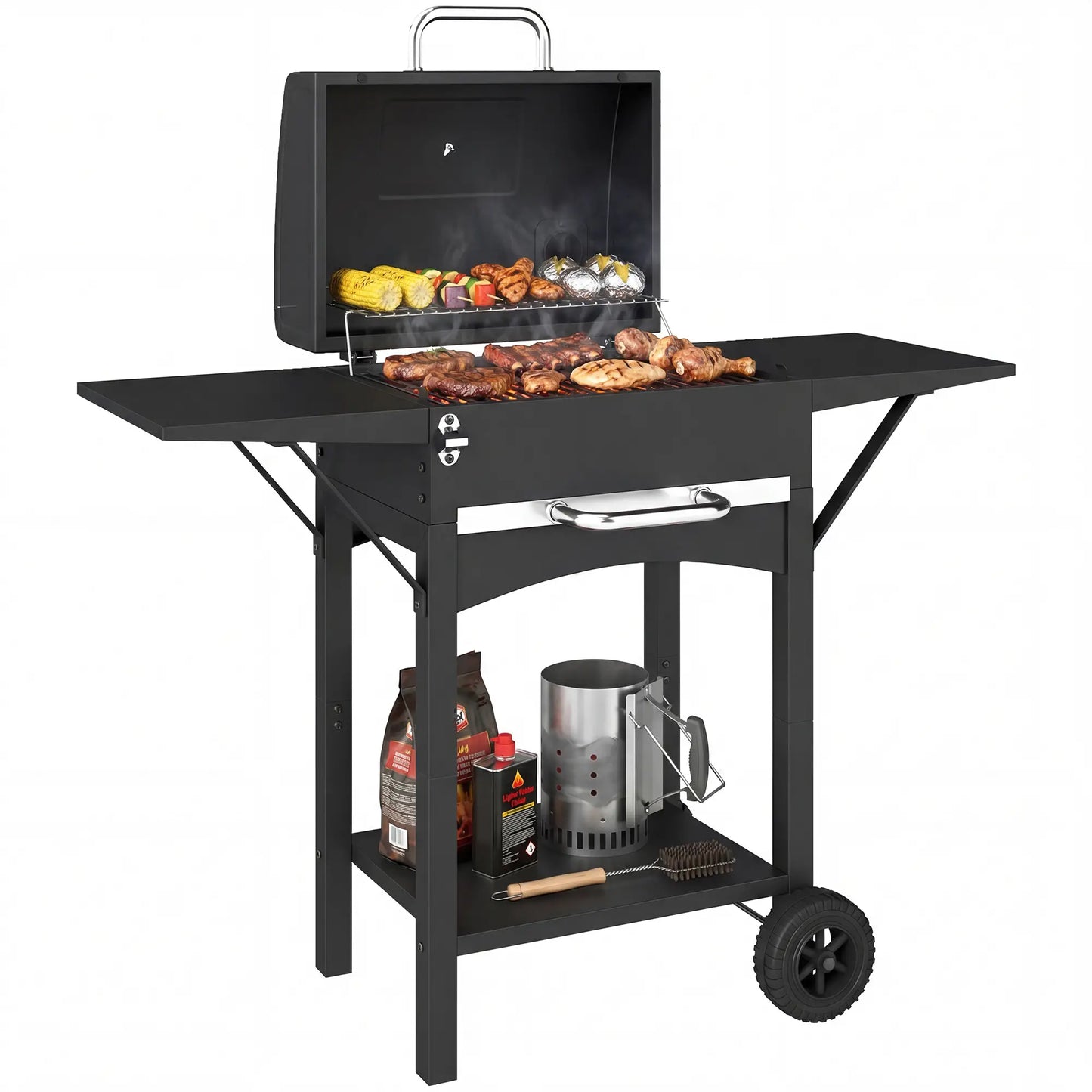 Charcoal Grill With Side Tables, Barbecue Smoker With Thermometer, 43.3"x18.3"x39.8", Black Charcoal BBQ Grils at Gallery Canada