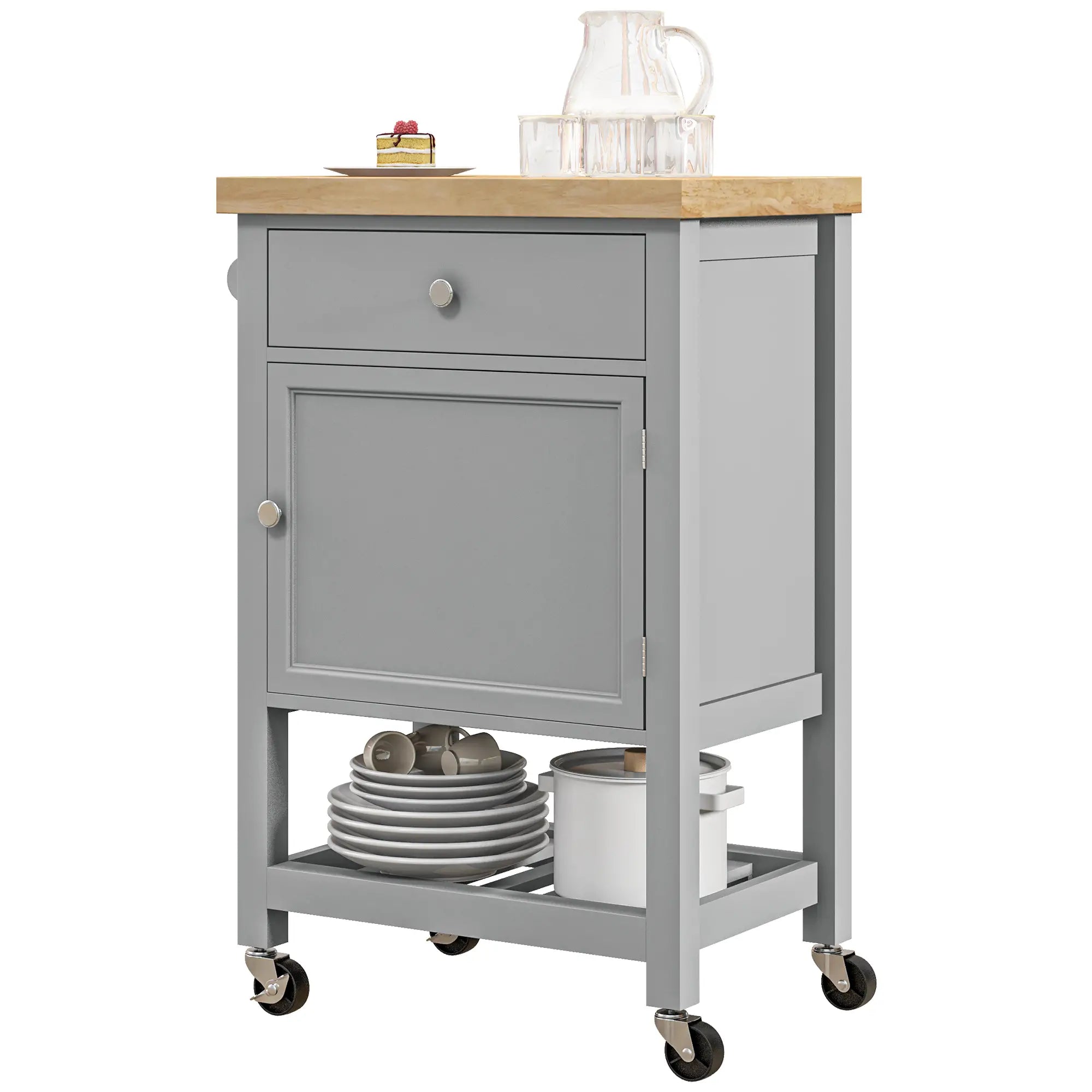 Kitchen Cart on Wheels, Wood Top, Towel Rack, Drawer, Shelf, Grey Kitchen Islands & Kitchen Carts Grey, Oak at Gallery Canada
