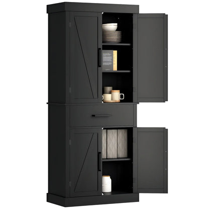 72" Kitchen Storage Cabinet, Farmhouse Pantry, 4 Barn Doors, Drawer, Adjustable Shelves, Black Kitchen Pantry Cabinets at Gallery Canada