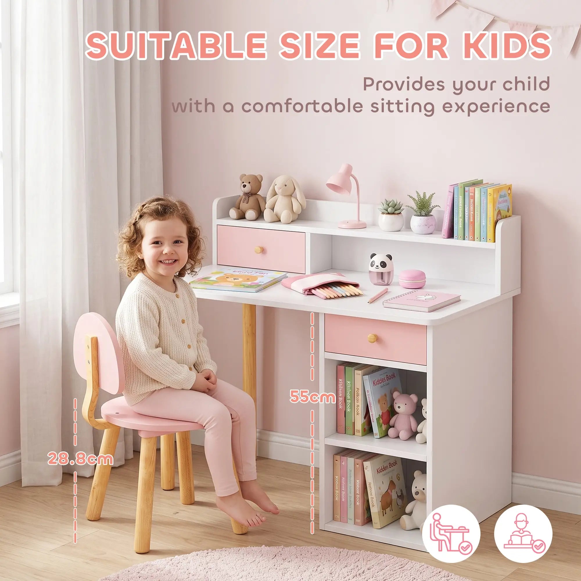 Kids Study Table and Chair Set, Desk with Storage, for 3-8 Year Old, Pink Kids Desk Sets at Gallery Canada