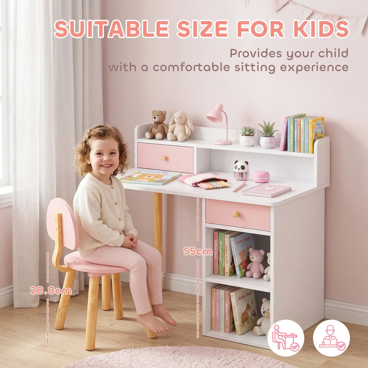 Kids Study Table and Chair Set, Desk with Storage, for 3-8 Year Old, Pink Kids Desk Sets at Gallery Canada