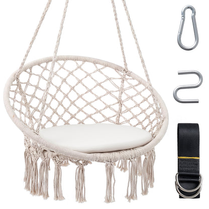 Macrame Swing Hammock Chair With Round Seat Cushion, Beige Hammocks Beige at Gallery Canada