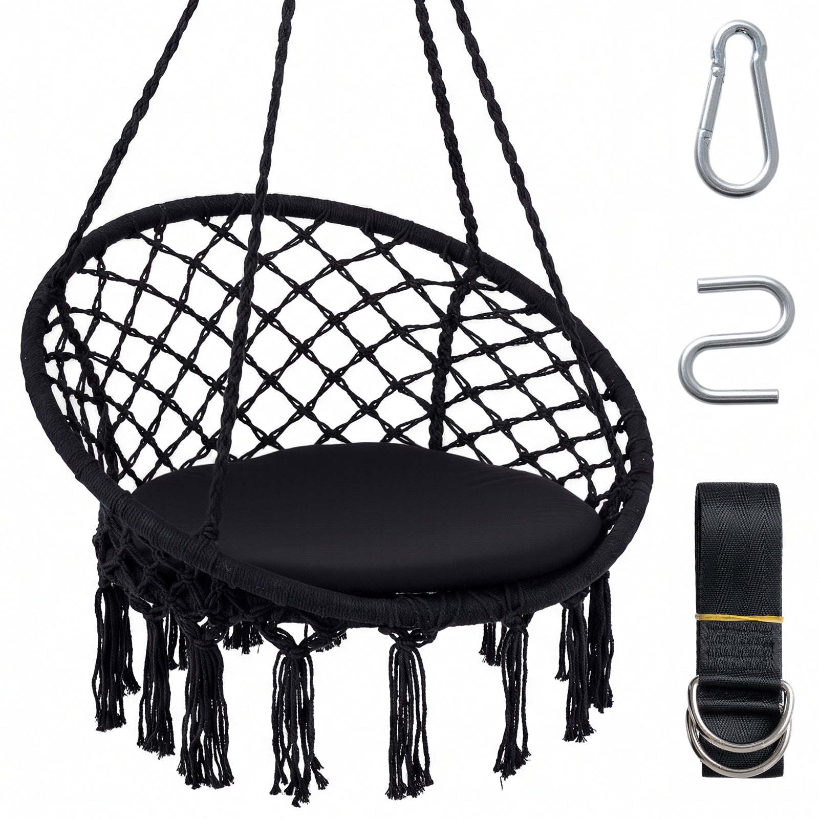 Macrame Swing Chair With Round Seat Cushion, Black Hammocks at Gallery Canada