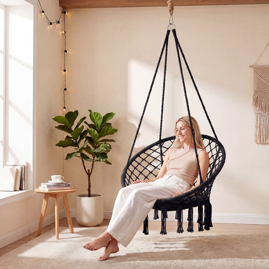 Macrame Swing Chair With Round Seat Cushion, Black Hammocks Black at Gallery Canada
