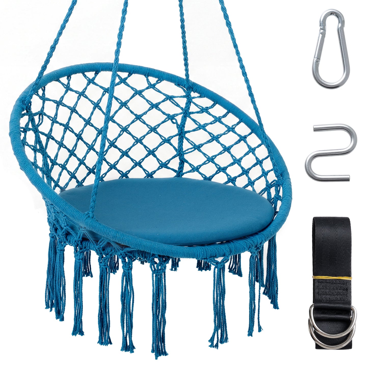 Macrame Swing Chair, Round Seat Cushion, Blue Hammocks Blue at Gallery Canada