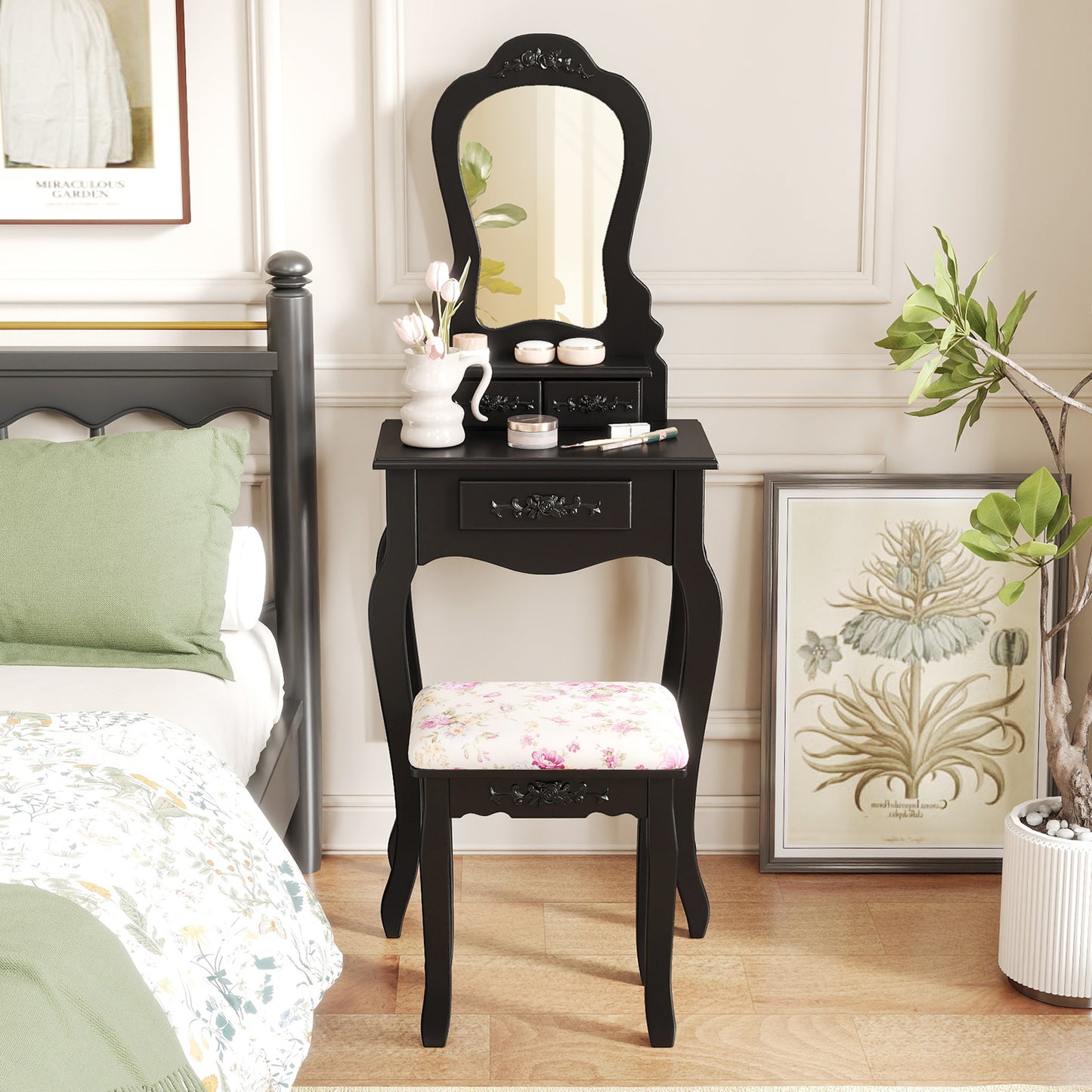 Makeup Dressing Table and Bench 3 Drawers and Cushioned Stool for Girls, Black Makeup Vanities at Gallery Canada