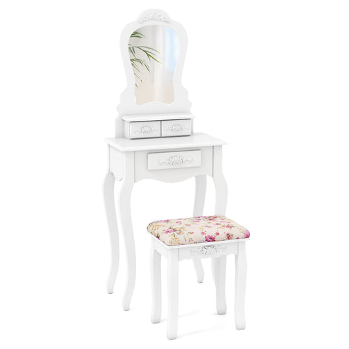 Makeup Dressing Table and Bench 3 Drawers and Cushioned Stool for Girls, White