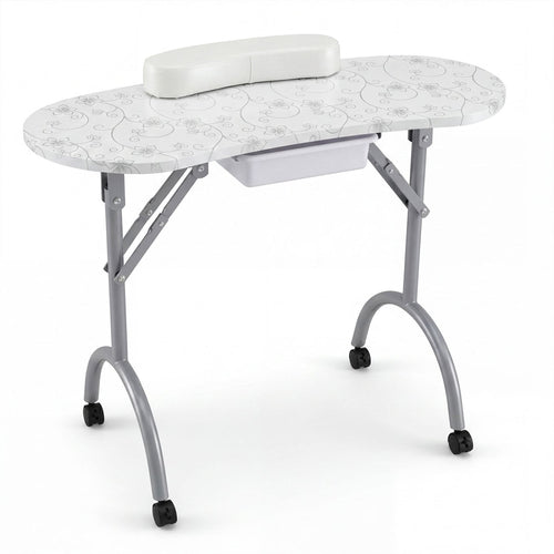 Foldable Portable Manicure Table with Drawer Casters and Cushion, White