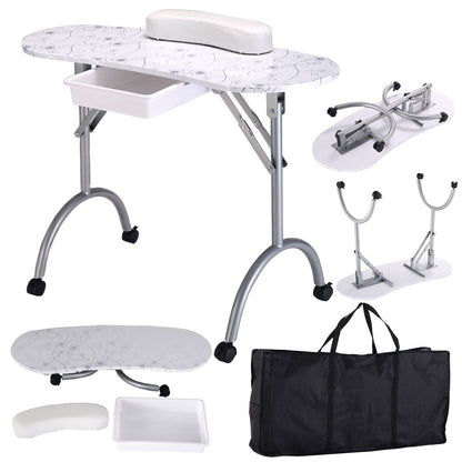 Foldable Portable Manicure Table with Drawer Casters and Cushion, White Spa & Salon at Gallery Canada