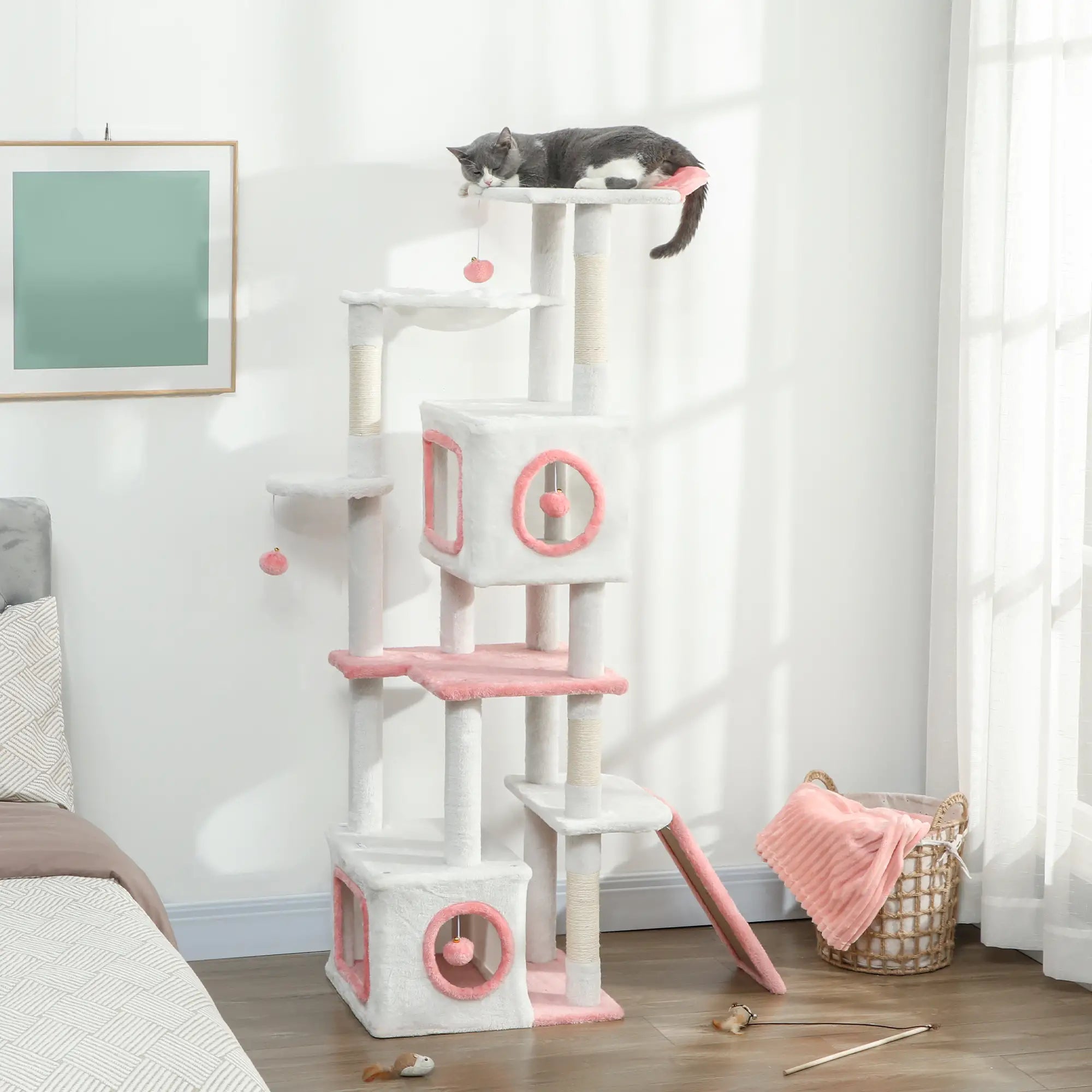 65 Inch Cat Tree, 2 Condos, Perch, Hammock, Scratching Posts, White Cat Towers at Gallery Canada