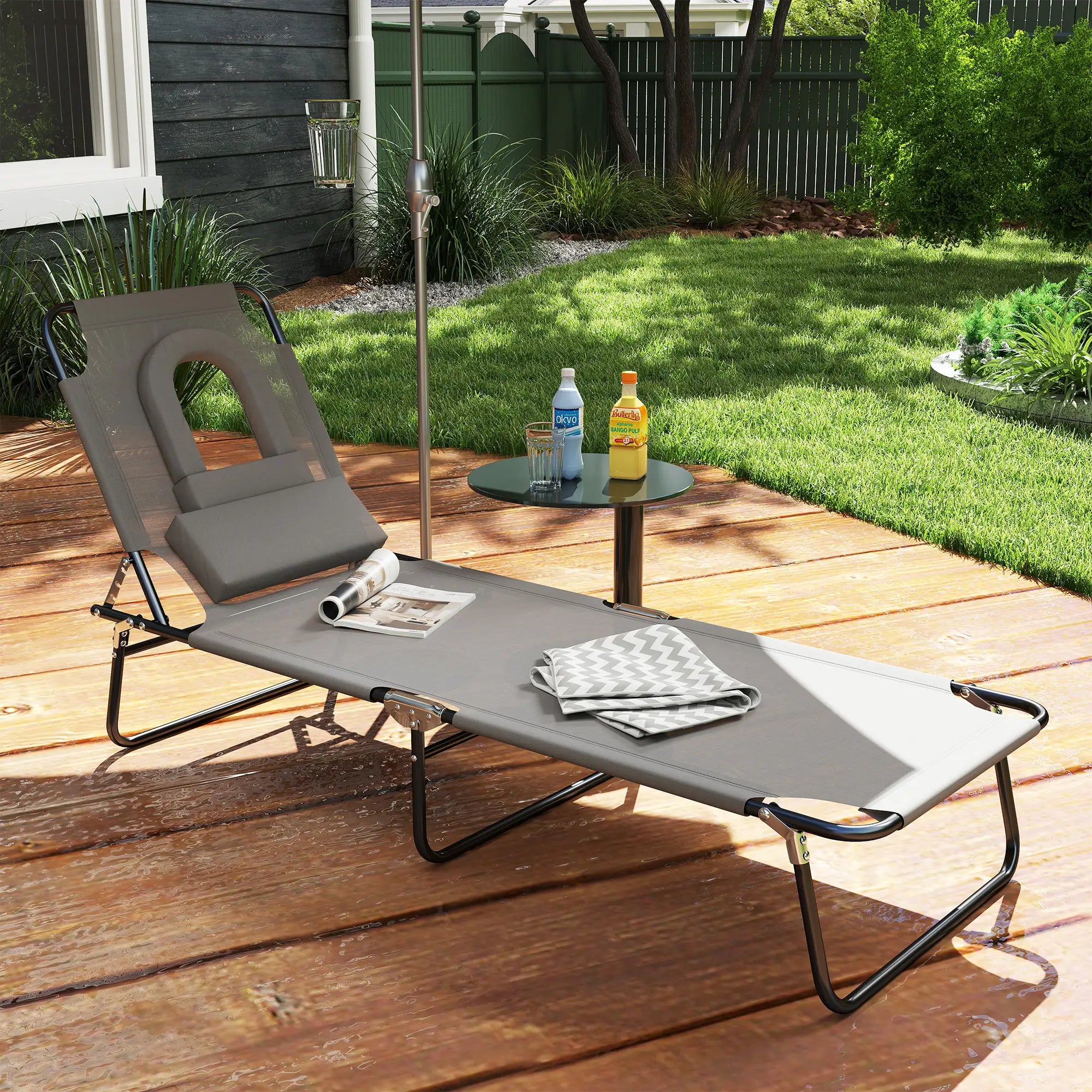 Adjustable Outdoor Lounge Chair, Folding Chaise with Face Hole, Grey Lounger Chairs at Gallery Canada