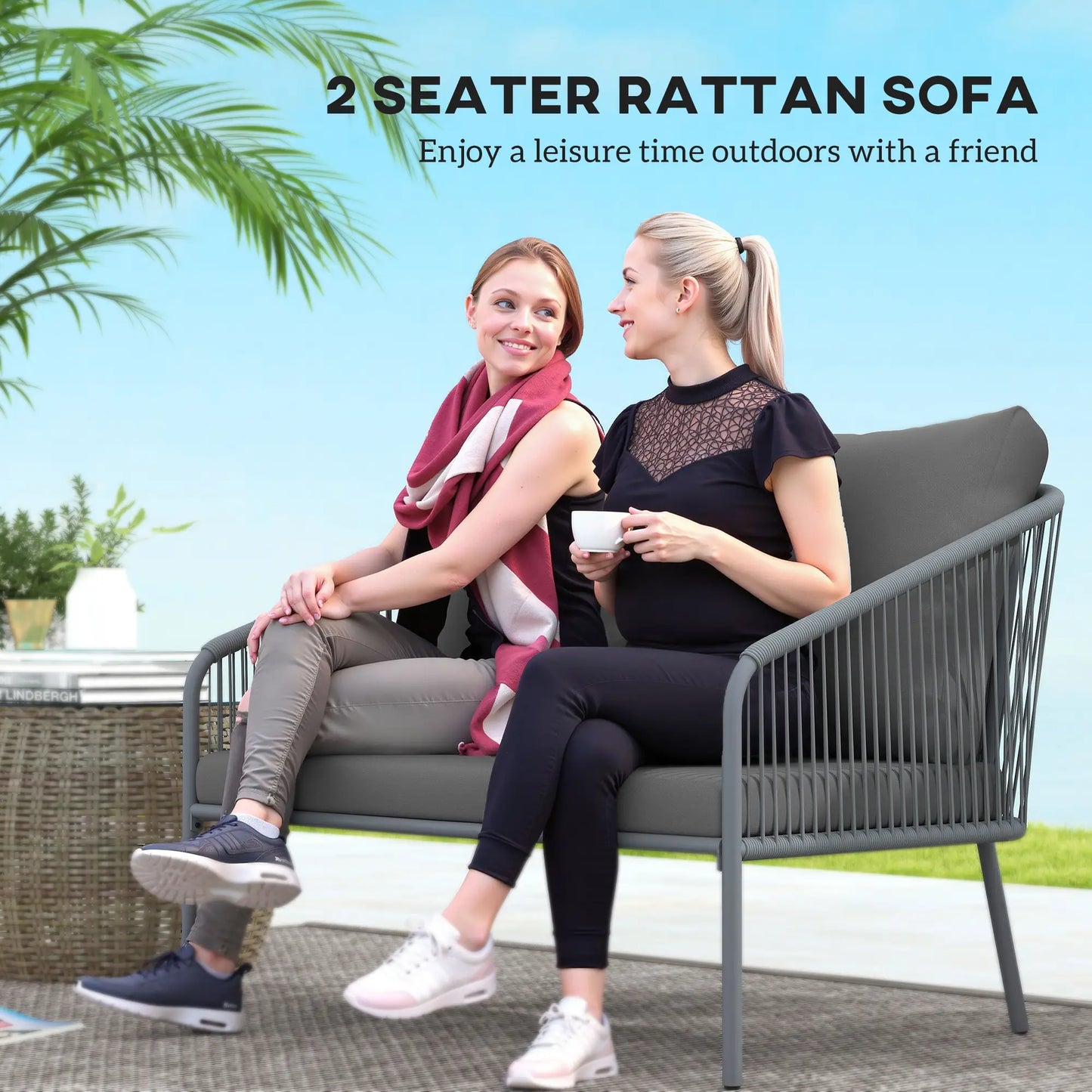 Outdoor Rattan Sofa With Cushions, 2-Seater, 112 x 72 x 76 cm, Grey Patio Furniture Sets at Gallery Canada